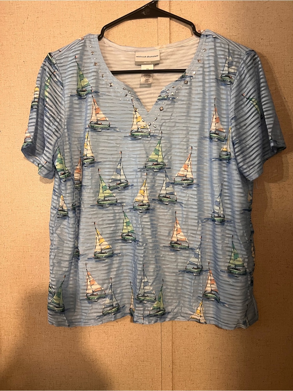 Alfred Dunner Light Blue Sailboat-Print V-Neck Top with Studs